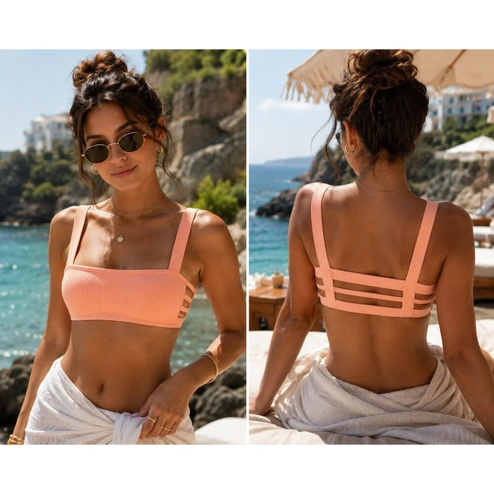 PilyQ Caged Top Bikini Orange Creamsicle Bandeau NEW Designer Size D L Swim